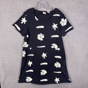 Red Ginger Beach Dress L Black White Tropical Cover-Up Pockets‎ Made in USA VTG